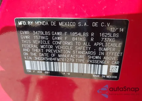 2015 Honda Fit Ex/Ex-L из США, поврежденный, VIN 3HGGK5H84FM761279